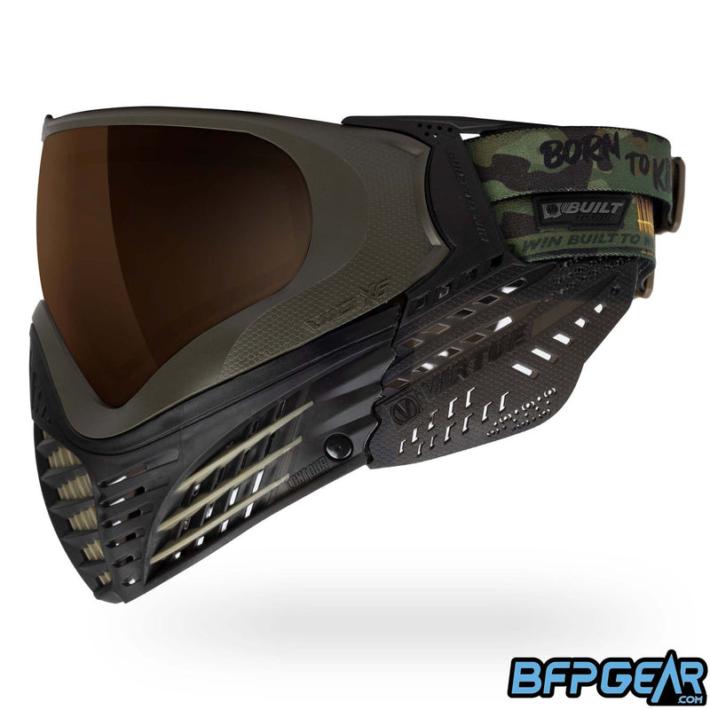 A custom color way of the Vio X6 Desert Storm goggle system. Black faceplate with tan accents and smoke soft ears.