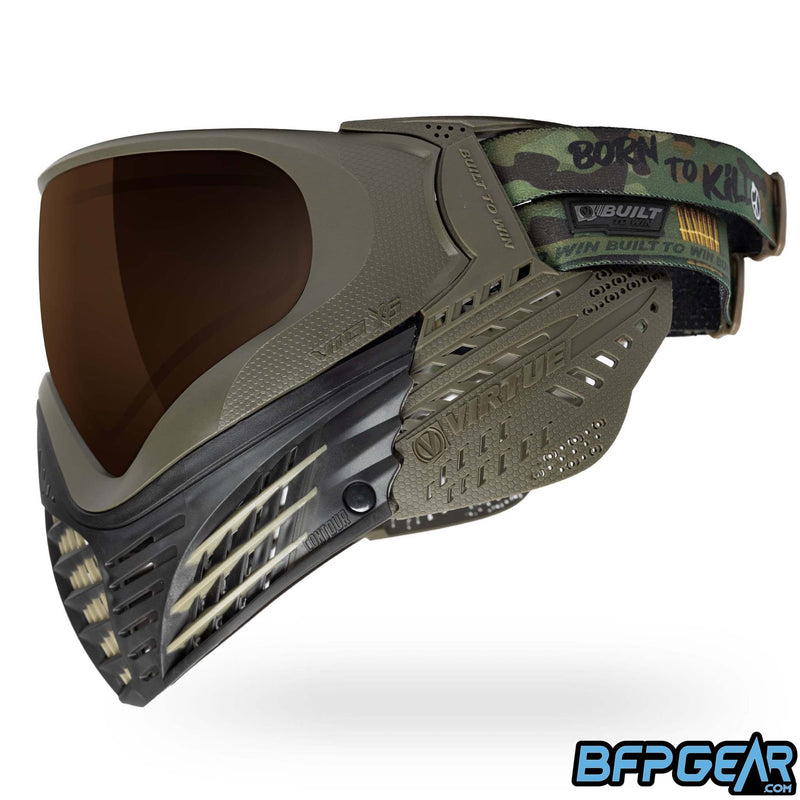 A custom color way of the Vio X6 Desert Storm goggle system. Black faceplate with tan accents and olive soft ears.