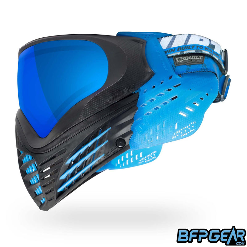 A custom color way of the Vio X6 Ice Black goggle system. Black faceplate and blue soft ears.