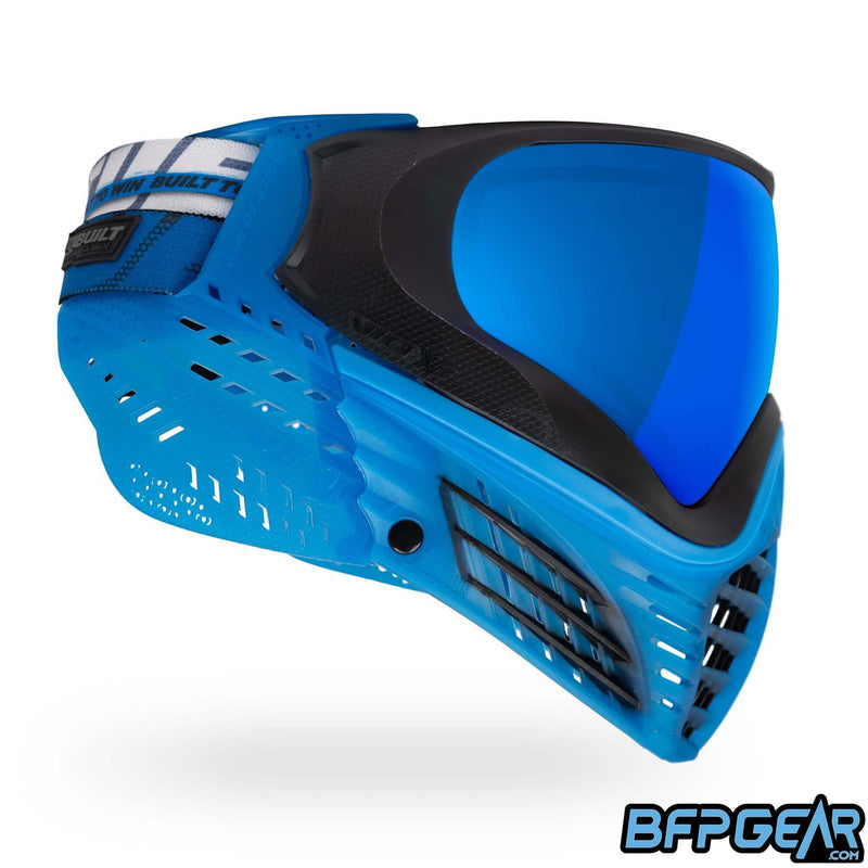 The stock color way of the Vio X6 Ice Black goggle system. Clear blue faceplate with black accents and blue soft ears.