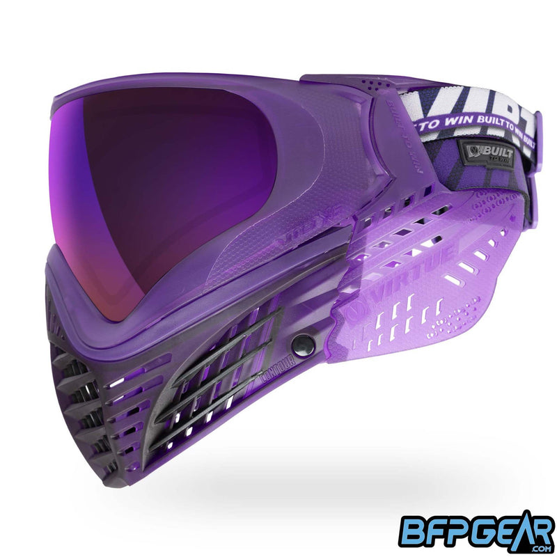 The stock color way of the Vio X6 Purple Storm goggle system. Purple faceplate with black accents and purple soft ears.