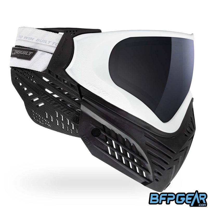 A custom color way of the Vio X6 White Storm goggle system. Black extended faceplate and black soft ears.