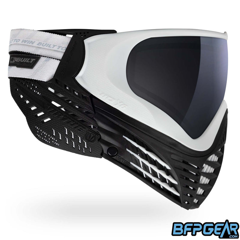 A custom color way of the Vio X6 White Storm goggle system. Black faceplate with white accents and black soft ears.