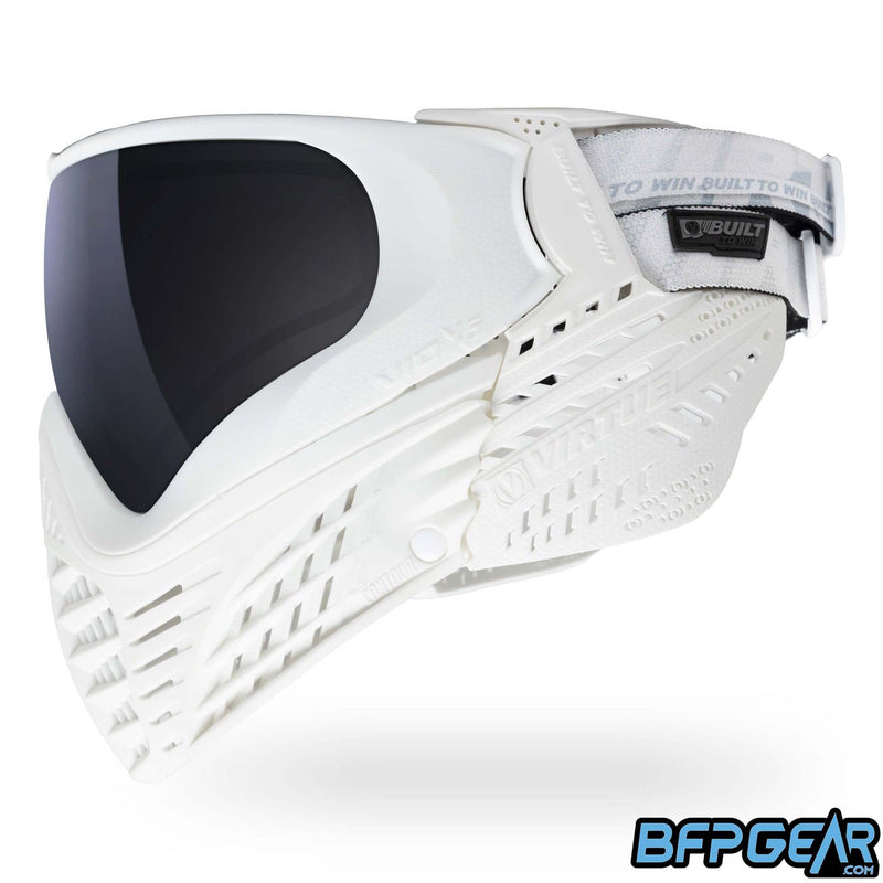 The stock color way of the Vio X6 White Storm goggle system. White faceplate and white soft ears.