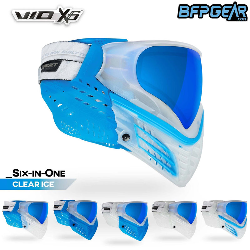 The VIO X6 goggle system in the Clear Ice color way. Clear goggle system with a blue mirrored lens. Every X6 comes with extra ears and two extra faceplates for customization.