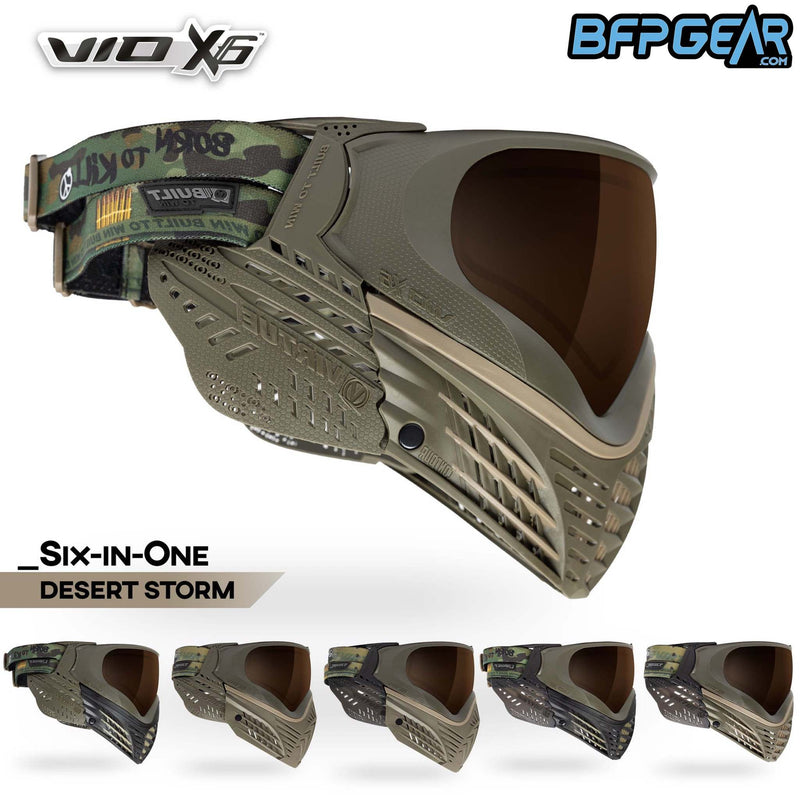The VIO X6 goggle system in the Desert Storm color way. Olive goggle system with an HD Copper lens. Every X6 comes with extra ears and two extra faceplates for customization.
