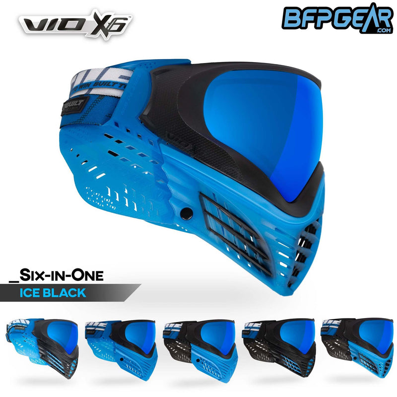 The VIO X6 goggle system in the Ice Black color way. Clear blue goggle system with a blue mirrored lens. Every X6 comes with extra ears and two extra faceplates for customization.