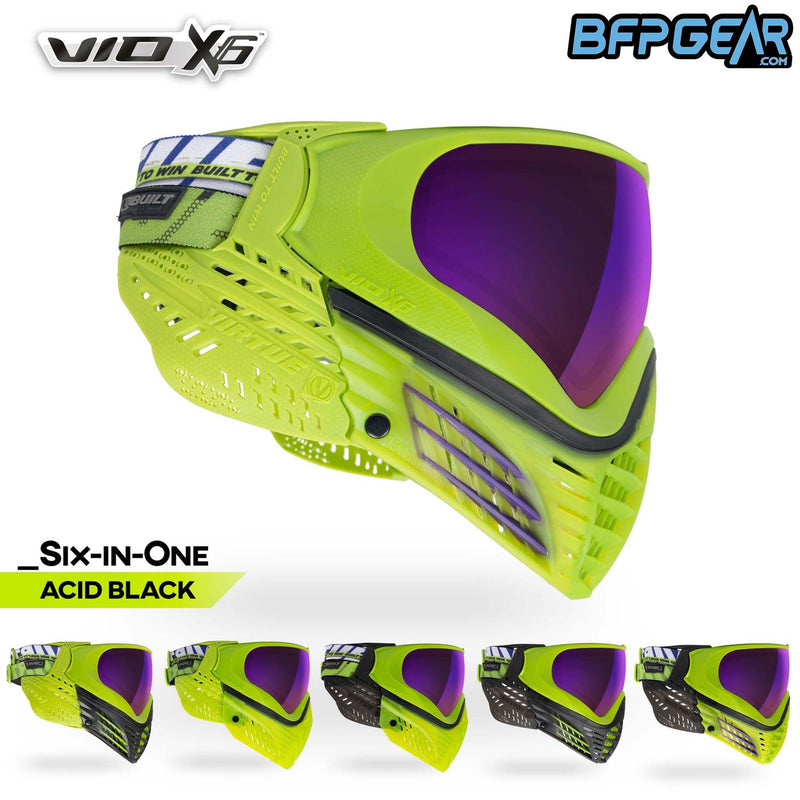 The VIO X6 goggle system in the Black Acid color way. Lime green goggle system with a purple mirrored lens. Every X6 comes with extra ears and two extra faceplates for customization.