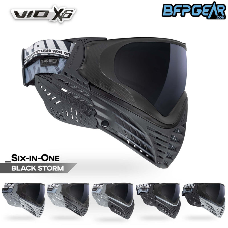 The VIO X6 goggle system in the Black Storm color way. Black goggle system with a smoke lens. Every X6 comes with extra ears and two extra faceplates for customization.