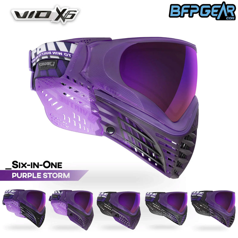 The VIO X6 goggle system in the Purple Storm color way. Purple goggle system with a purple mirrored lens. Every X6 comes with extra ears and two extra faceplates for customization.