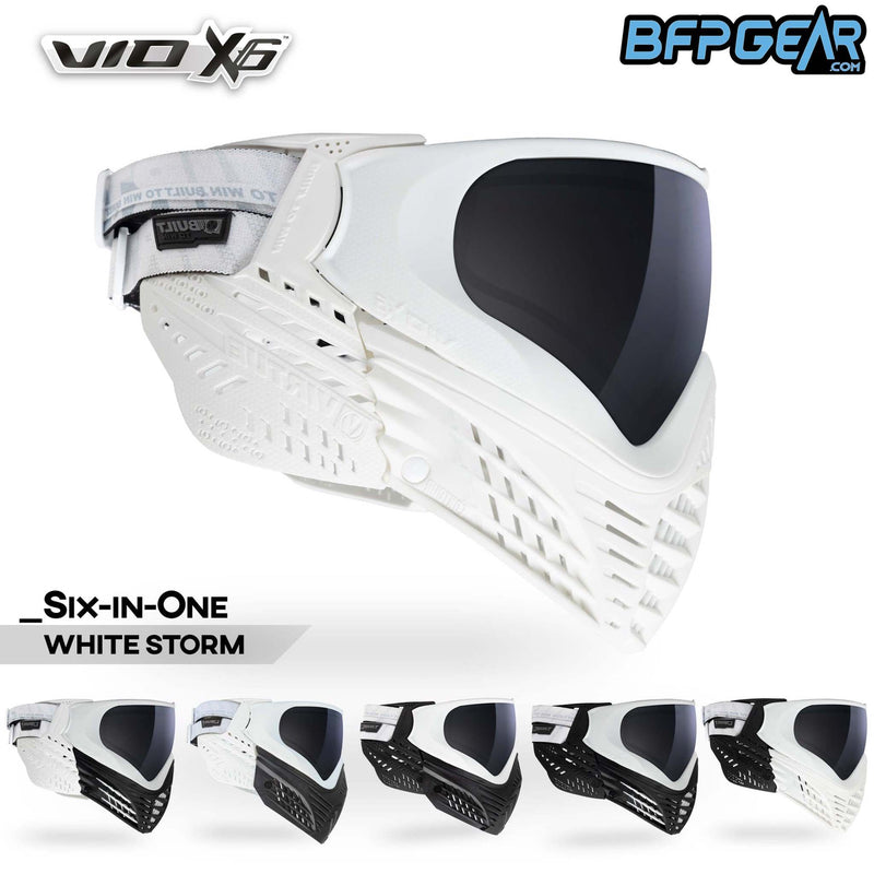 The VIO X6 goggle system in the White Storm color way. White goggle system with a smoke lens. Every X6 comes with extra ears and two extra faceplates for customization.