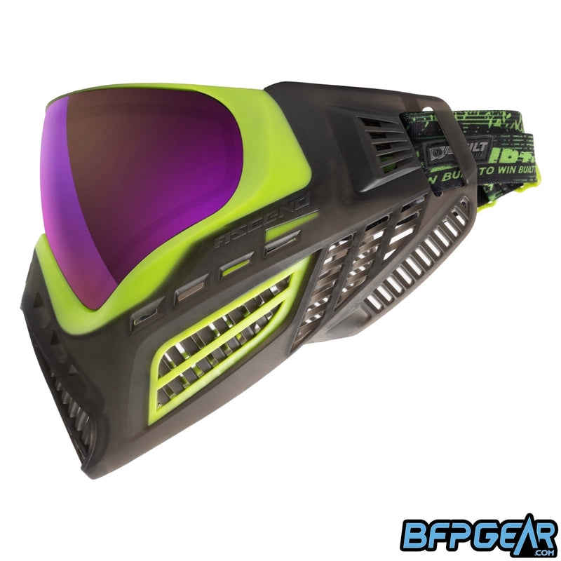 The Vio Ascend SE Black Acid facing left. These special edition goggles come with the 4-point strap, triple layered foam, and the black color is translucent.