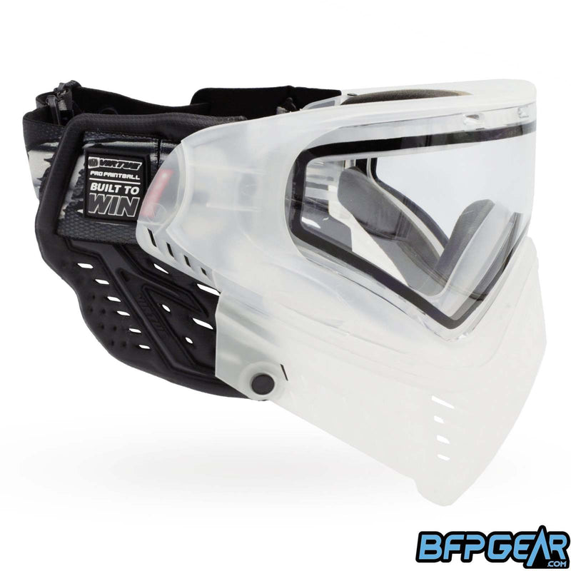 Side view of the Vio XS II Goggles in clear. The soft ears are black with a black and grey strap.