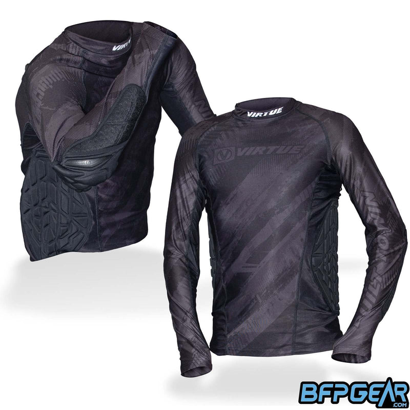 The Virtue Breakout Compression Long Sleeve top in multiple poses. Flexible and breathable material allows the user freedom of movement.