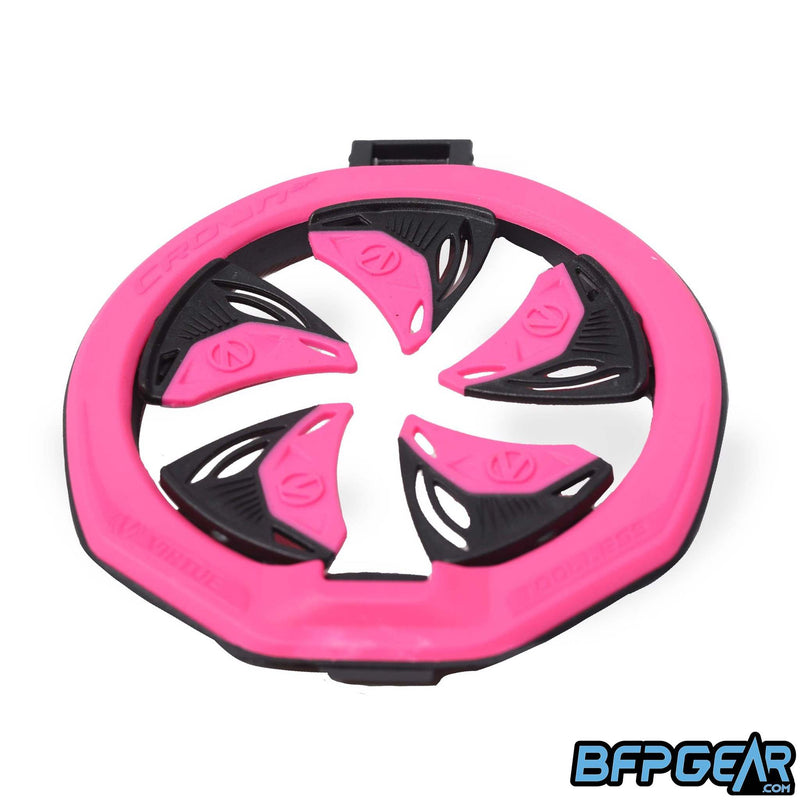 Angled view of the SF III Speed feed in pink. Hinge locking lid and tool-less installation/removal have been brought back from the previous SF II speed feed.