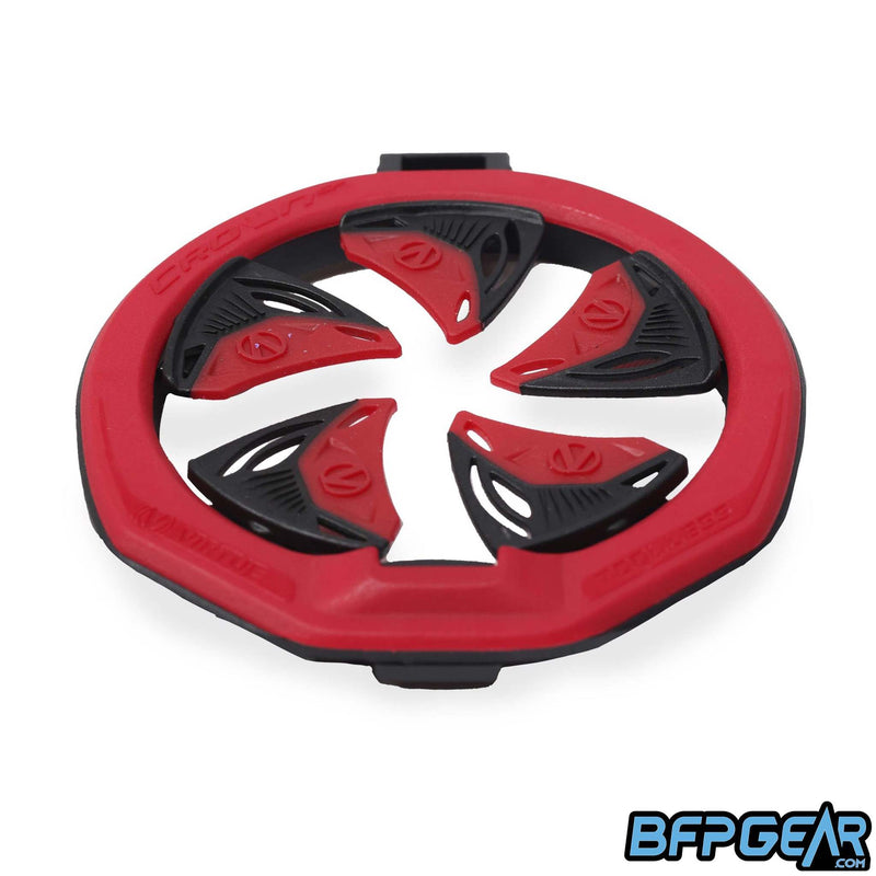 Angled view of the SF III Speed feed in red. Hinge locking lid and tool-less installation/removal have been brought back from the previous SF II speed feed.