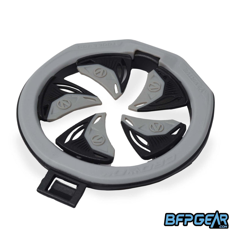 Angled view of the SF III Speed feed in silver. Hinge locking lid and tool-less installation/removal have been brought back from the previous SF II speed feed.