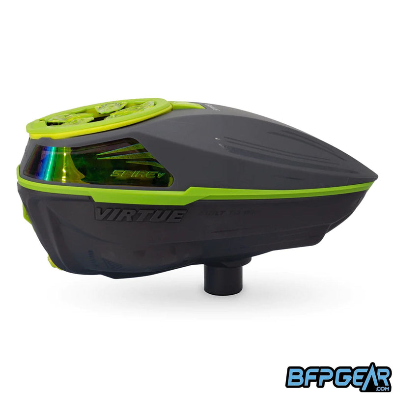 The Virtue Spire V paintball loader in the Acid Storm color way.