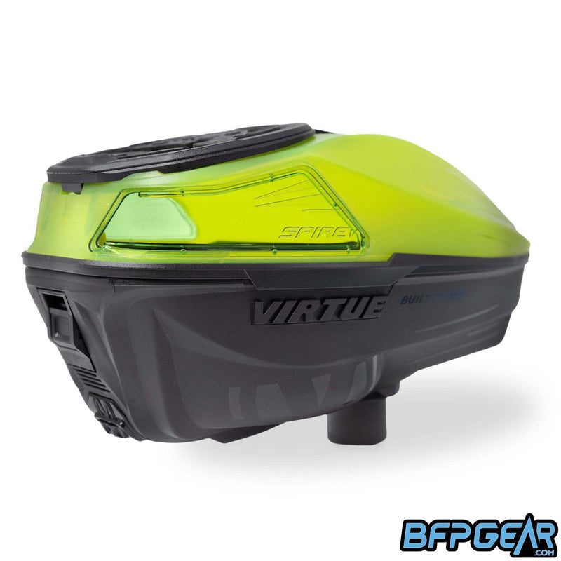An angled view of the Spire V. This shows off the power button and locking mechanism for the top shell.