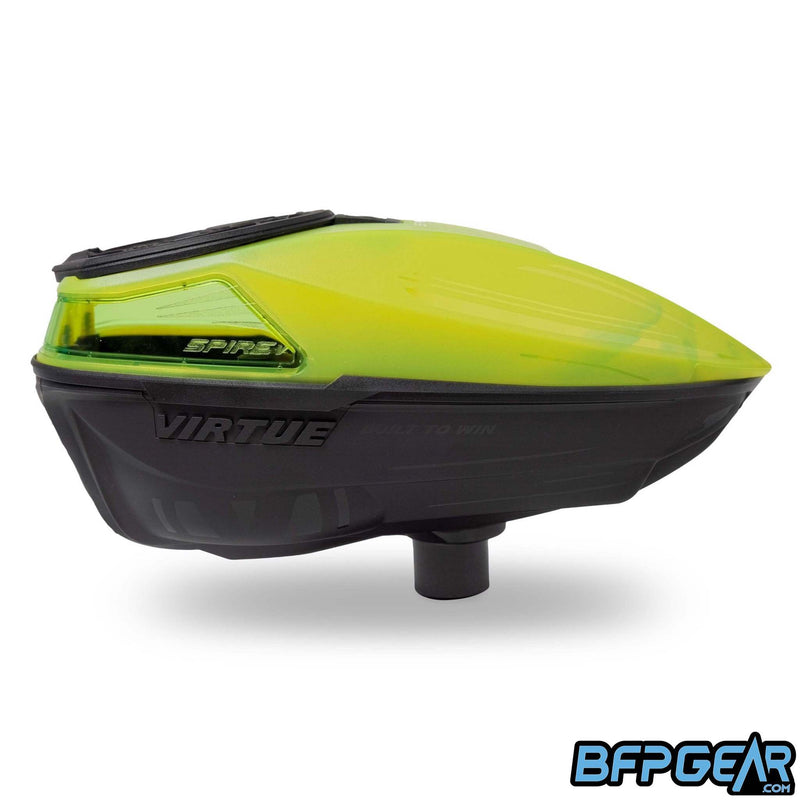 The Virtue Spire V (5) in the Crystal Acid and black color way. Top shell is translucent lime green, and the bottom shell is black.