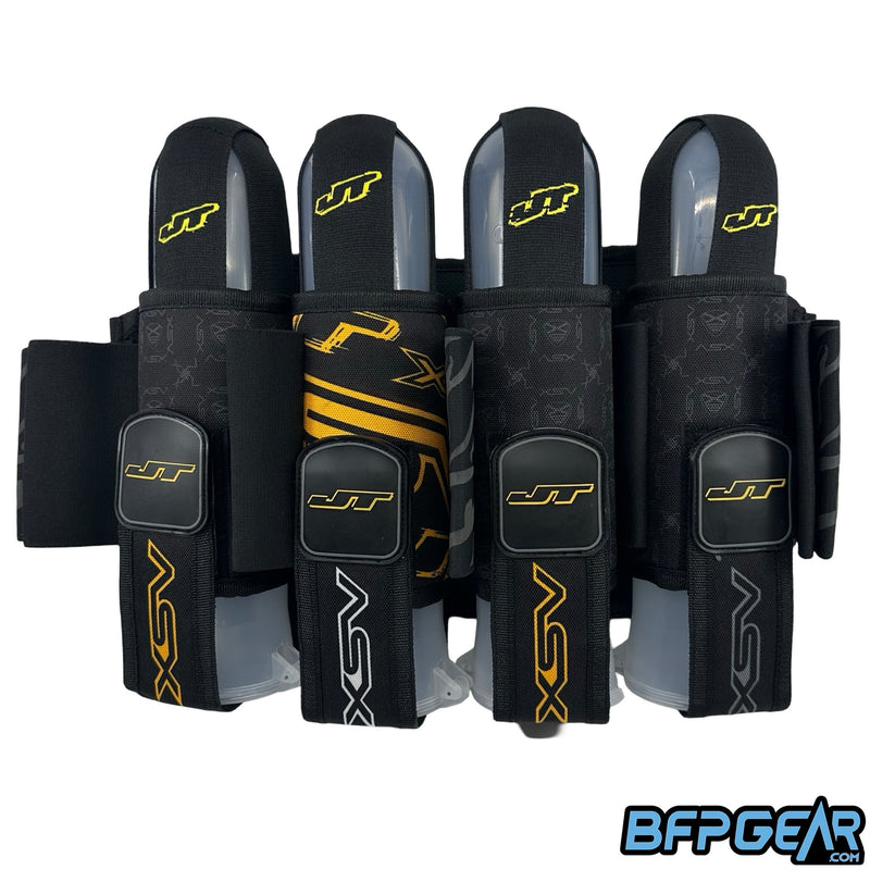 The JT Swift Harness with the XSV 2025 pattern. This 4+7 harness features the JT Grunge logos all over. The XSV logo is on each of the velcro straps that hold the pods in place, and are in gold, grey, and white.