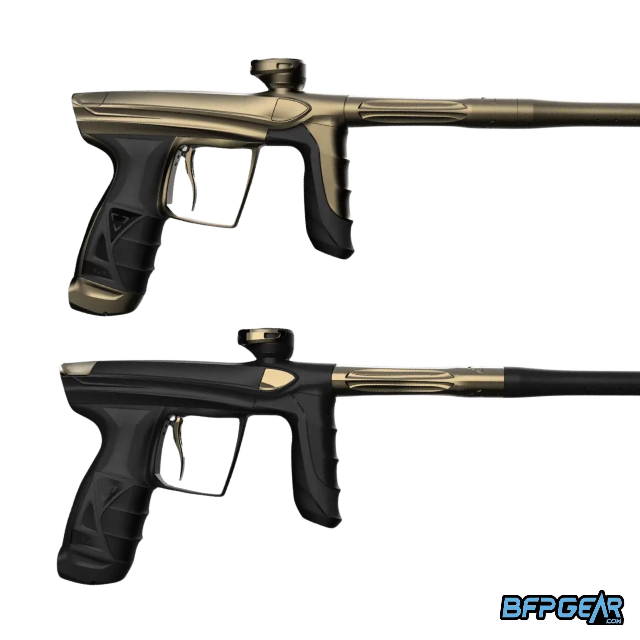 DLX Luxe Aire paintball gun gold and black side profile showing full marker with barrel