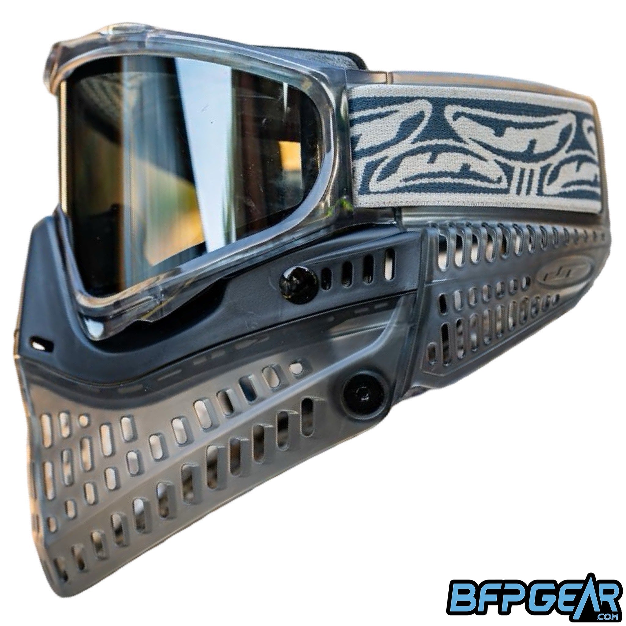 JT ProFlex LE ICE Stratus Smoke paintball goggle side profile showing smoke gray flexible lower frame clear lens and Stratus strap.