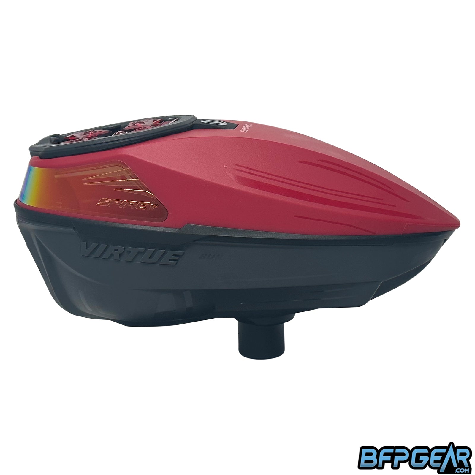 The Virtue Spire V in the Ashes color swap. Red top shell, grey bottom shell, and black accents.