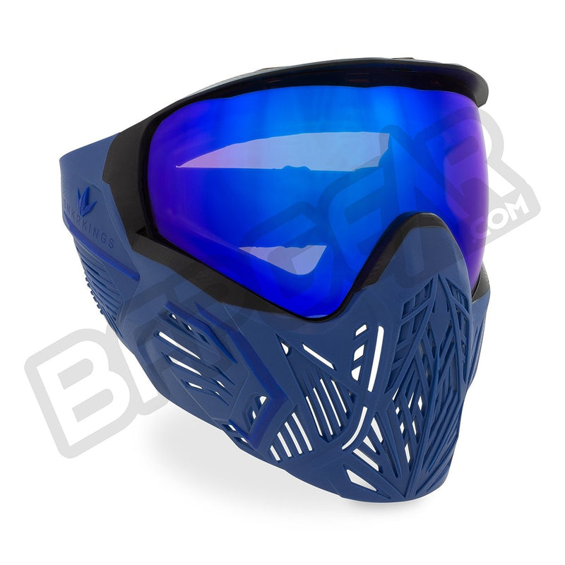 Front angled view of the CMD goggle in Blue Azure. Navy blue goggle with royal blue accents and a blue mirrored HDR lens.