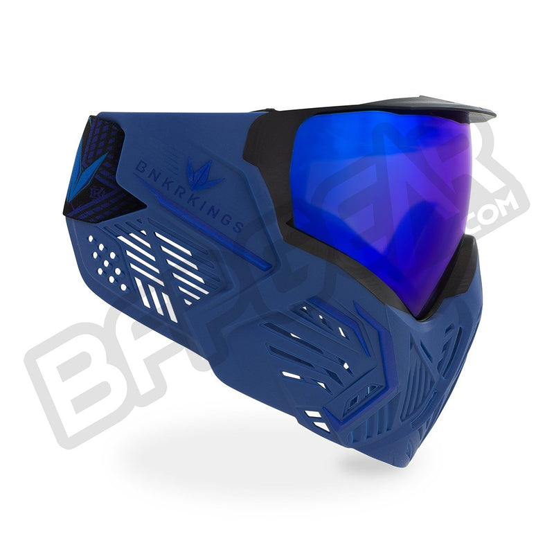 A side view of the CMD goggle. The CMD goggles have a mini visor attached and lots of ventilation near the ears, making it easier to hear your teammates.