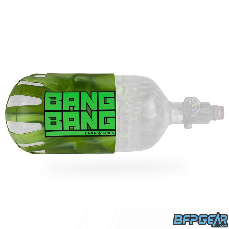 Knuckle Butt tank cover in Bang Bang camp. Green, black, and white swirl pattern with lime green text that reads Bang Bang