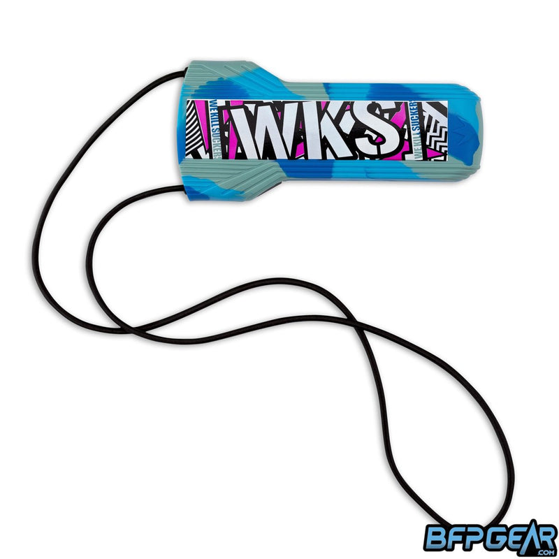 Evalast barrel cover in the Shred cyan color. Blotches of blue, cyan, and teal with a black, white, and pink design with the letters WKS capitalized.