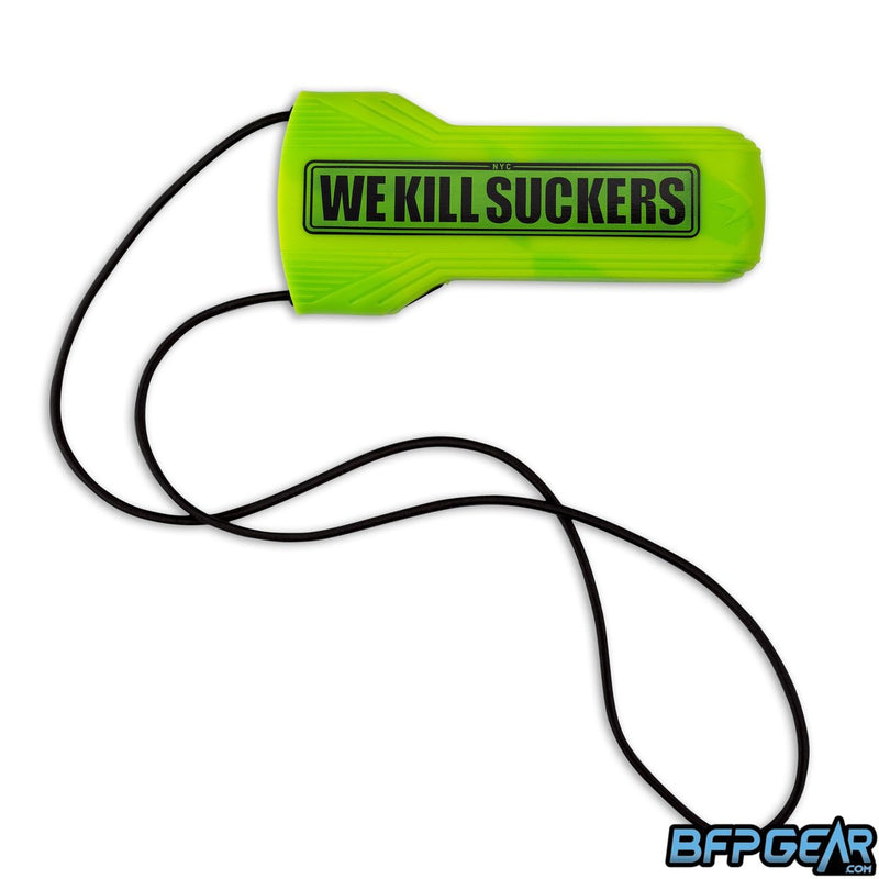 Evalast barrel cover in WKS lime. Lime green with yellow green swirl and black text that reads We Kill Suckers.