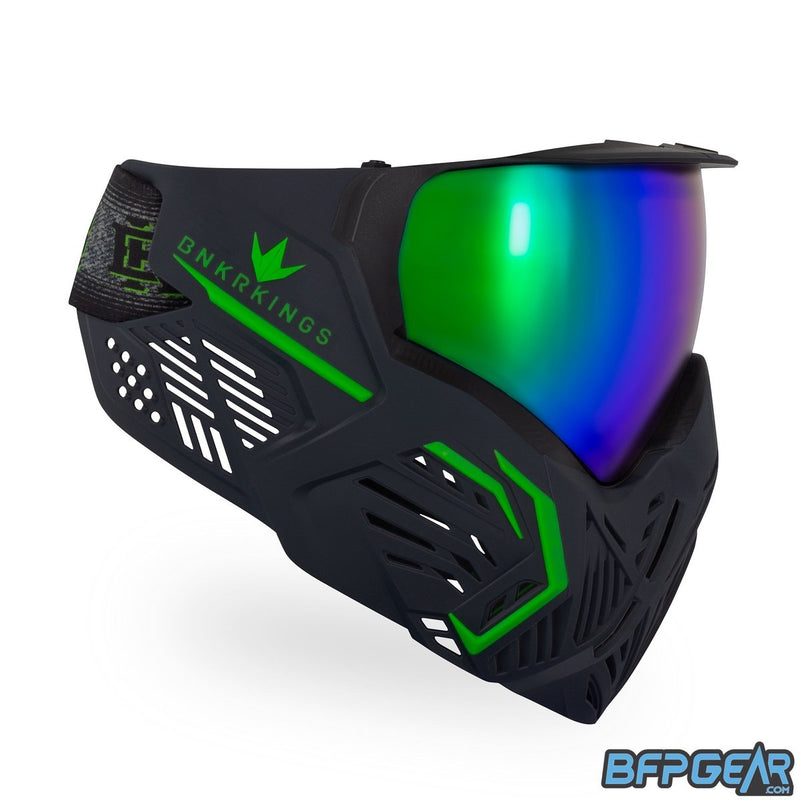 A side view of the CMD goggle. The CMD goggles have a mini visor attached and lots of ventilation near the ears, making it easier to hear your teammates.