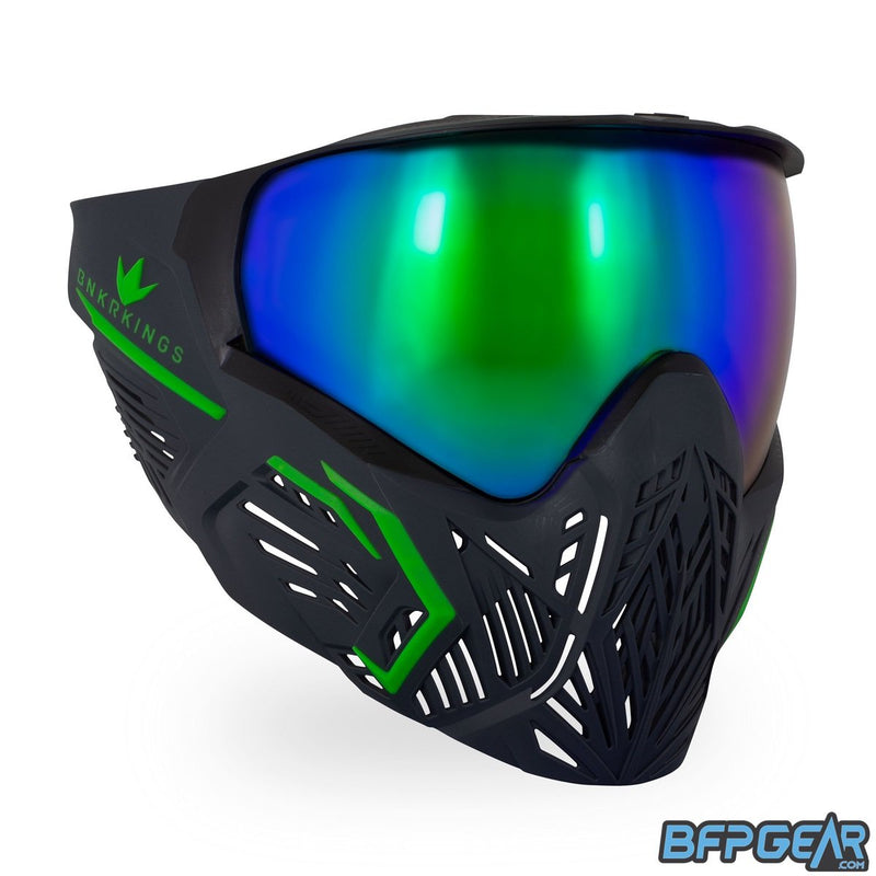 The Command goggle, or CMD for short, in Black Acid. All black goggles with green accents and a green mirrored HDR lens.