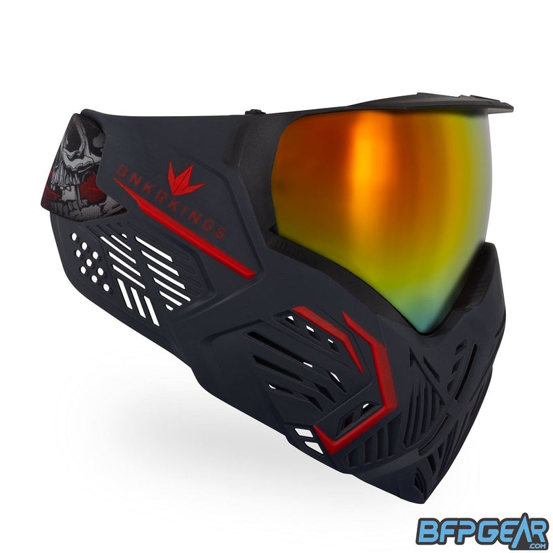 A side view of the CMD goggle. The CMD goggles have a mini visor attached and lots of ventilation near the ears, making it easier to hear your teammates.