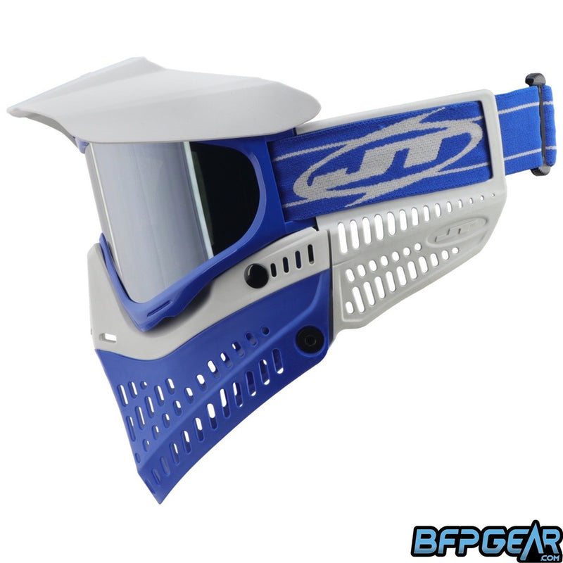 Side view of the Cobalt ProFlex. Shows off the new blue and light grey strap only found with these goggles.