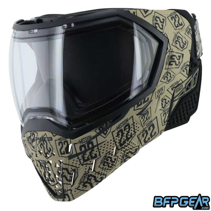 Empire EVS Mission 22 goggle with the clear lens installed. Tan goggle with Mission 22 stamps all over.