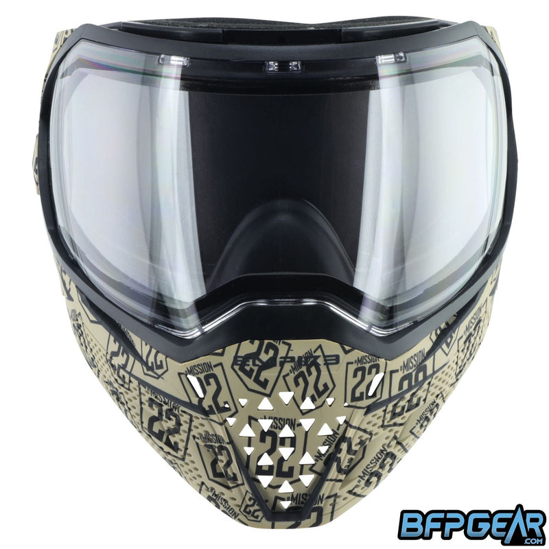 Front facing view of the EVS Mission 22 goggle with the clear lens installed. Ventilation holes in front of the mouth area for easy breathing. Ventilation holes adorn the sides of the goggle for maximum air flow.