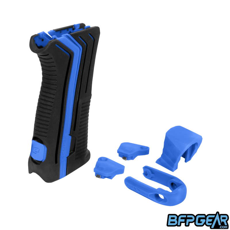 Planet Eclipse Color Contrast Upgrade Kit shown in black and blue. Comes with a two piece rear grip, rear grip locking tab, POPS bonnet, quick-release back cap, two eye/detent covers.