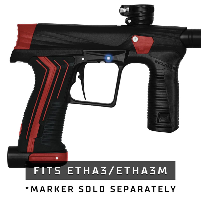 Planet Eclipse red Color Contrast Kit installed on an Etha3 paintball marker. Marker is sold separately.