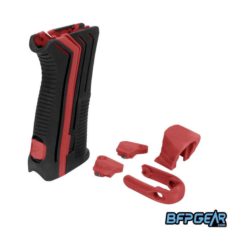 Planet Eclipse Color Contrast Upgrade Kit shown in black and red. Comes with a two piece rear grip, rear grip locking tab, POPS bonnet, quick-release back cap, two eye/detent covers.
