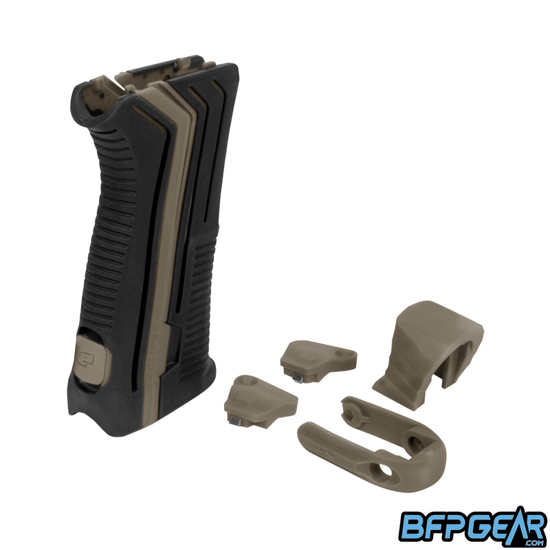 Planet Eclipse Color Contrast Upgrade Kit shown in black and earth (tan). Comes with a two piece rear grip, rear grip locking tab, POPS bonnet, quick-release back cap, two eye/detent covers.