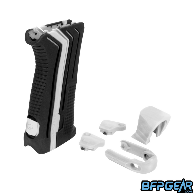 Planet Eclipse Color Contrast Upgrade Kit shown in black and white. Comes with a two piece rear grip, rear grip locking tab, POPS bonnet, quick-release back cap, two eye/detent covers.