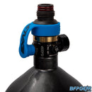 The Exalt Fill Nipple cover in blue, installed on a tank regulator.