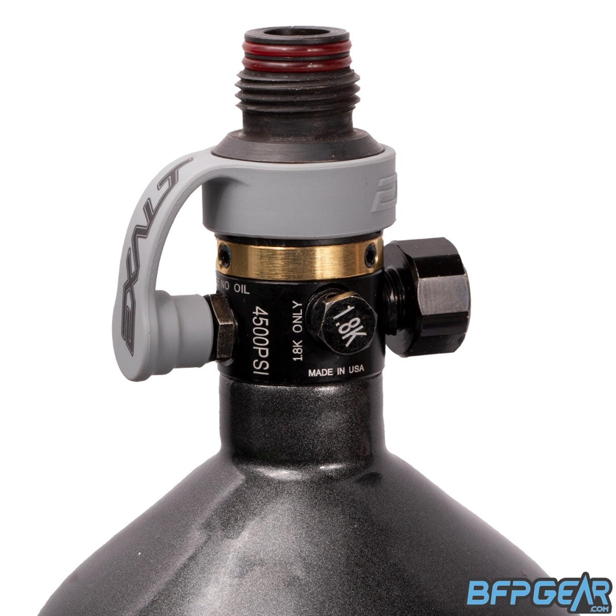 The Exalt fill nipple cover in ghost gray, installed on a tank regulator.