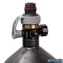 The Exalt fill nipple cover in ghost gray, installed on a tank regulator.