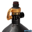 The Exalt fill nipple in gold, installed on a tank regulator.