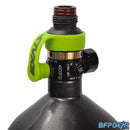 The Exalt fill nipple cover in lime, installed on a tank regulator.