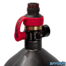 The Exalt fill nipple cover in red, installed on a tank regulator.